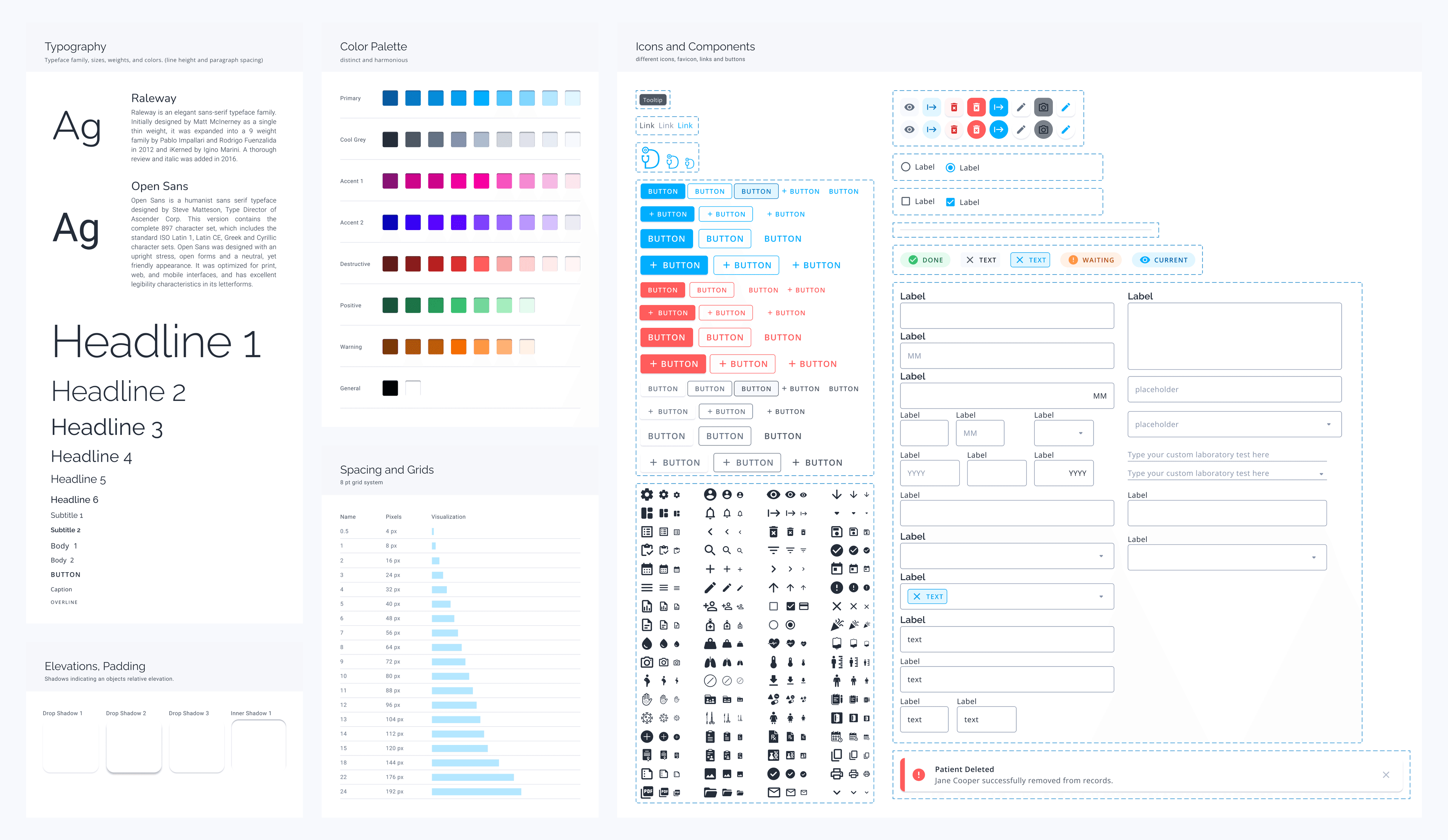 This shows the design system used in this project. The typography, colors, iconography, shadows, spacing, button variants, link variants, and other molecules are listed here.