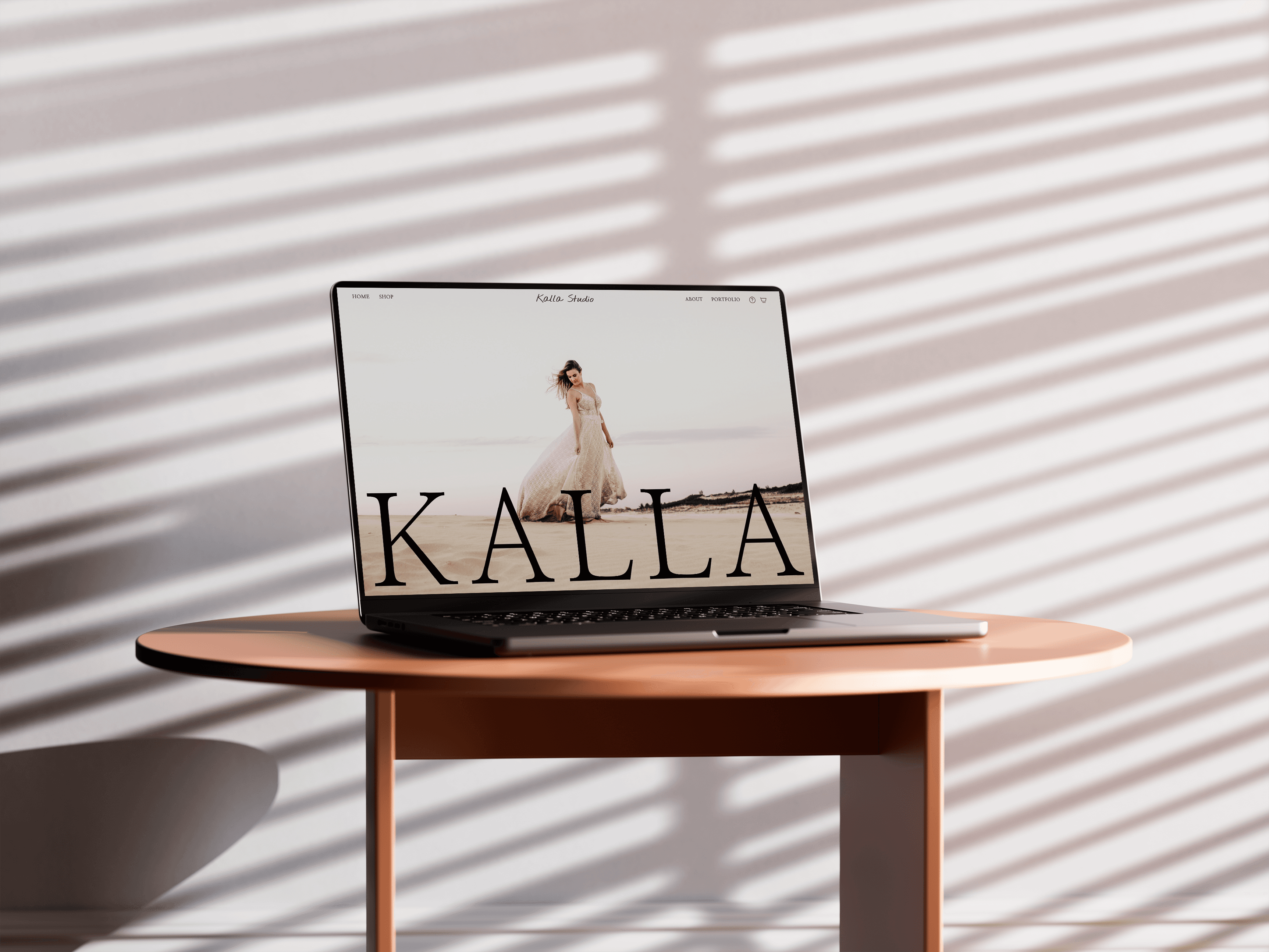 This shows a mockup of the landing page of Kalla Studio rendered in a laptop device.